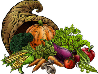 Canvas Print - Cornucopia Horn Produce Vegetables Vintage Woodcut