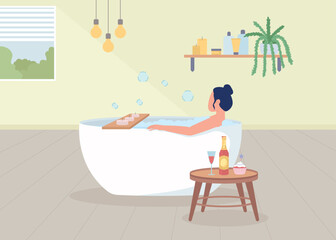 Poster - Woman taking bath flat color vector illustration. Lady taking care of herself. hygge atmosphere. Time for relax and recreation. Fully editable 2D simple cartoon character with bathroom on background