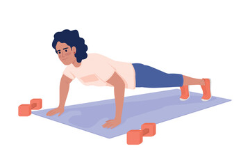 Poster - Woman doing push ups semi flat color vector character. Editable figure. Full body person on white. Sports training simple cartoon style illustration for web graphic design and animation