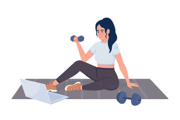 Poster - Woman training with video lesson semi flat color vector character. Editable figure. Full body person on white. Sports activity simple cartoon style illustration for web graphic design and animation