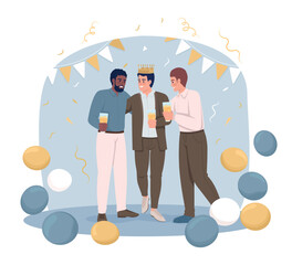 Poster - Male friends at bachelor party 2D vector isolated illustration. Prewedding event. Groom with friends flat characters on cartoon background. Colourful editable scene for mobile, website, presentation