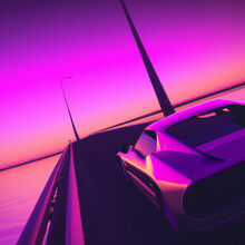 Sport Car On A Bridge Over The Sea Synthwave
