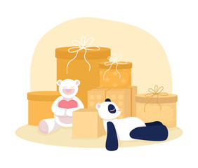 Poster - Baby shower gifts 2D vector isolated illustration. Presents for expectant mother and newborn child flat composition on cartoon background. Colourful editable scene for mobile, website, presentation