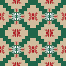 Geometric, Red, Green, Black, Cream, Seamless, Christmas Fabric Pattern.