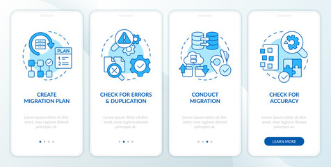Wall Mural - Perform CMS data transfer blue onboarding mobile app screen. Walkthrough 4 steps editable graphic instructions with linear concepts. UI, UX, GUI template. Myriad Pro-Bold, Regular fonts used