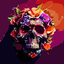 Calavera Skull Flowers Abstract Painting Color Texture Modern Futuristic Style