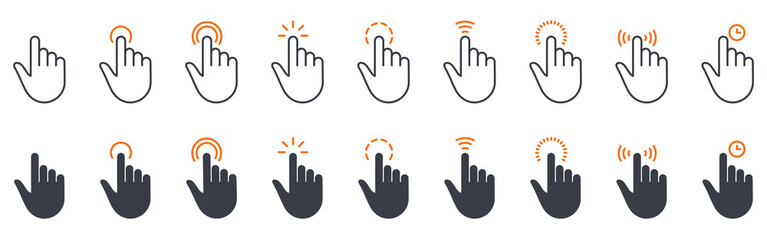 Poster - Swipe Hand Finger Touch and Drag Linear, Glyph Pictogram. Pinch Screen, Rotate Up Down on Screen Outline Icon. Gesture Slide. Gesture Tap Line and Silhouette Icon Set. Isolated Vector Illustration