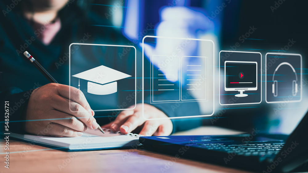 Concept of Online education. man use Online education training and e ...