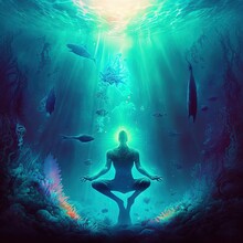 Free Diver Relaxation Or Meditation Underwater In Sea Futuristic Modern 3d Illustration