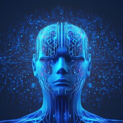 Poster - Artificial intelligence in humanoid head with neural network thinks Futuristic modern 3d illustration