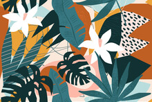 Collage Contemporary Floral Seamless Pattern. Modern Exotic Jungle Fruits And Plants Illustration In Vector.