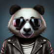 Cooler Rocker Panda mit Lederjacke und Sonnenbrille, Illustration