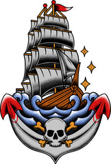 tattoo design anchor sea and ship oldschool style transparent background