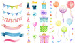 © NastiaVik - Birthday illustration clip art, holiday graphics collection, party background, watercolor colorful balloons and confetti illustration, carnival greeting graphics, gift box isolated, candies watercolor
