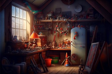 Wall Mural - Midjourney abstract render of a Christmas workshop