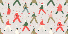 Diverse Christmas People Crowd Walking Together Seamless Pattern Illustration. Modern Young Character Group Wallpaper Print For Winter Season Celebration. Holiday Party Event Or Xmas Shopping Team. 