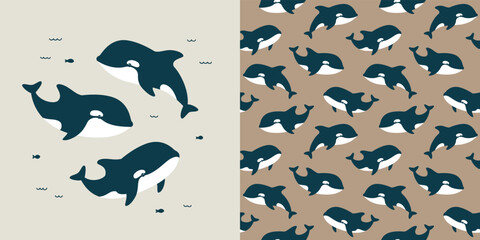 Cute vector collection with killer whale. Seamless pattern and animal illustration