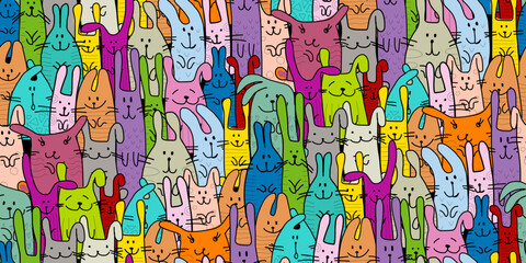 Poster - Funny Bunnies family. Seamless pattern background with Rabbits. Symbol of 2023 chineese new year. Cute characters, childish style. Vector illustration