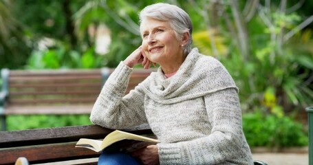 Sticker - Park bench, books and senior woman reading story while relax outdoor for peace, freedom and fresh nature air. Retirement lifestyle, tree leaf and elderly person in tropical beauty garden for wellness