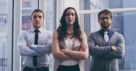 Poster - Portrait, leadership and pride of business people with serious face, arms crossed in office. Teamwork, collaboration and group of corporate people in workplace with confidence, power and strength