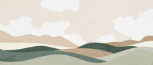Minimal Vector Abstract Landscape With Clouds. Mountain Background With A Watercolor Texture In Earthy Tones. Vector Design For Prints, Posters, Covers, Wall Art And Home Decoration.