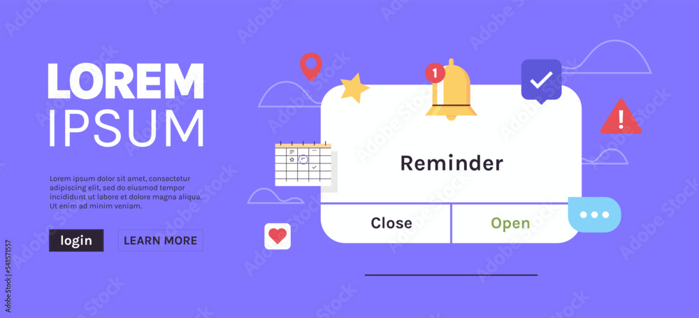 Reminder, notification page with floating elements and business ...