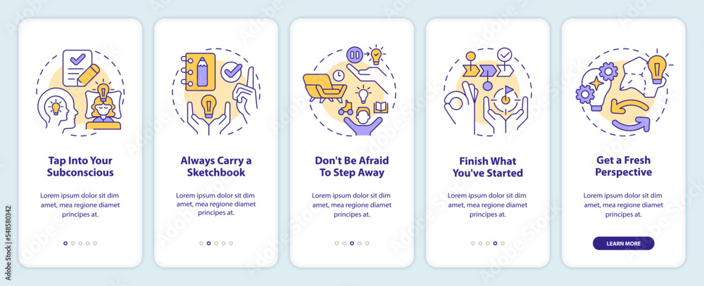Overcome creative block tips onboarding mobile app screen. Walkthrough ...