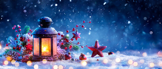 Wall Mural - christmas lantern on snow at eve night with decorations and ornaments - candle light with snowfall a