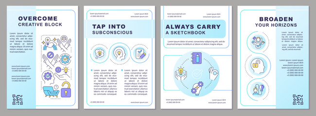 Remove barriers to inspiration brochure template. Creative block. Leaflet design with linear icons. Editable 4 vector layouts for presentation, annual reports. Arial, Myriad Pro fonts used
