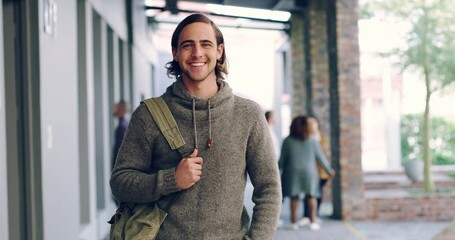 Aufkleber - University student, happy man and portrait, outdoor campus and learning, education and knowledge for future, scholarship and class motivation. Young college student guy ready for studying commitment