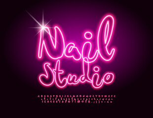 Wall Mural - Vector creative banner Nail Studio. Pink Neon Font. Bright Glowing Alphabet Letters and Numbers. 