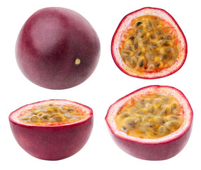 Wall Mural - Isolated passion fruit. Whole fruit and halves on a white background.