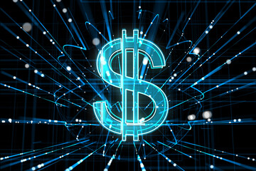 Aufkleber - International and global market currency concept with digital dollar sign on abstract dark background with blurred dots and wavy lines. 3D rendering