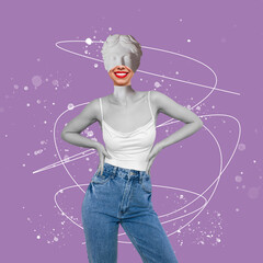 Young slim smiling woman in blue jeans headed by antique female statue on abstract purple background. Trendy collage in magazine surreal style. Contemporary art. Modern design