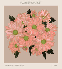 Canvas Print - Poster with chrysanthemum flowers, botanical illustration