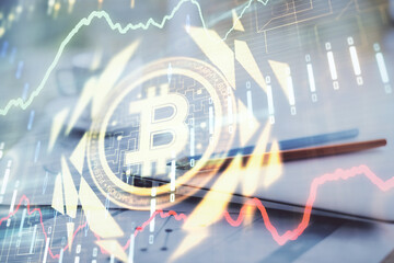 Poster - Double exposure of blockchain and crypto economy theme hologram and table with computer background. Concept of bitcoin cryptocurrency.