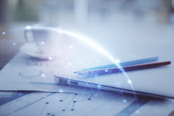Poster - Computer on desktop with social network hologram. Double exposure. Concept of international people connections.