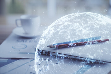 Poster - Computer on desktop with social network hologram. Double exposure. Concept of international people connections.