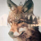 Double exposure. Pictures of wolves and forest.
