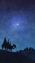  The Three Kings - Also Known As The Magi Or Wise Men Follow The Star Of Bethlehem To Visit The Baby Jesus Bearing Gifts. Tall Format, Poster Size.