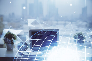 Poster - Double exposure of desktop with computer and world map hologram. International data network concept.