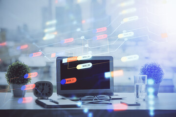 Poster - Double exposure of table with computer on background and data theme drawing. Concept of innovation.