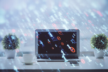 Poster - Double exposure of table with computer on background and data theme drawing. Concept of innovation.