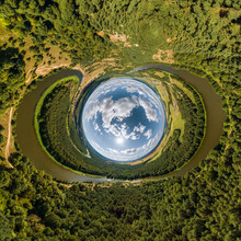 Blue Sphere Little Planet Inside Green Grass Round Frame Background.