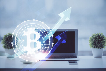 Poster - Double exposure of blockchain and crypto economy theme hologram and table with computer background. Concept of bitcoin cryptocurrency.
