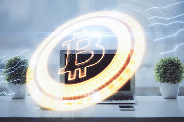 Poster - Double exposure of blockchain and crypto economy theme hologram and table with computer background. Concept of bitcoin cryptocurrency.