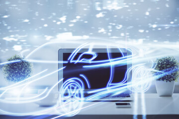Poster - Desktop computer background in office with automobile hologram drawing. Multi exposure. Tech concept.