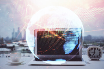 Poster - Double exposure of business theme icons and work space with computer background. Concept of success.