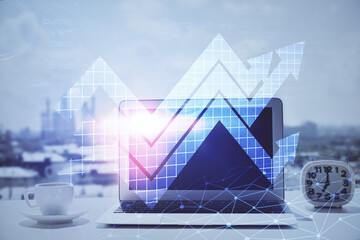Poster - Computer on desktop with point up arrows hologram. Double exposure. Concept of success.