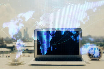Poster - Double exposure of business theme icons and work space with computer background. Concept of success.